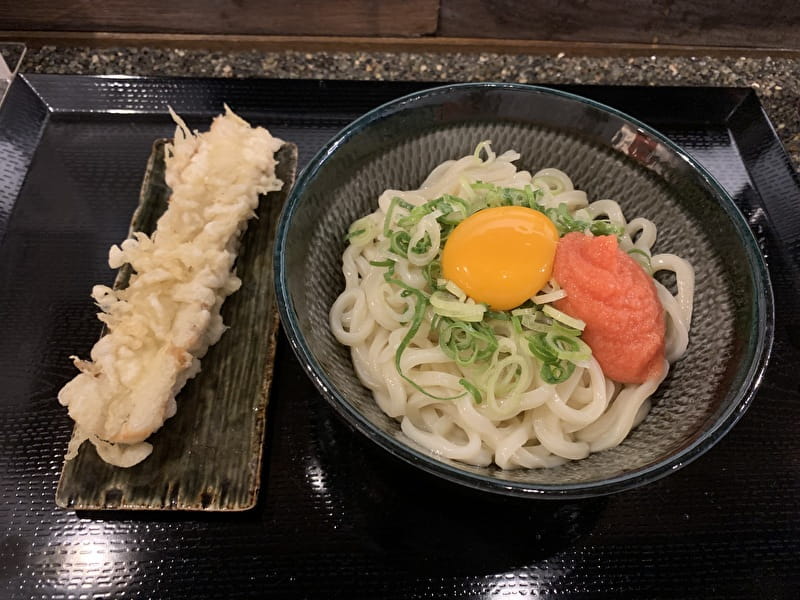 中目黒　うどん　もちこし　明太釜玉うどんとちくわ天ぷら