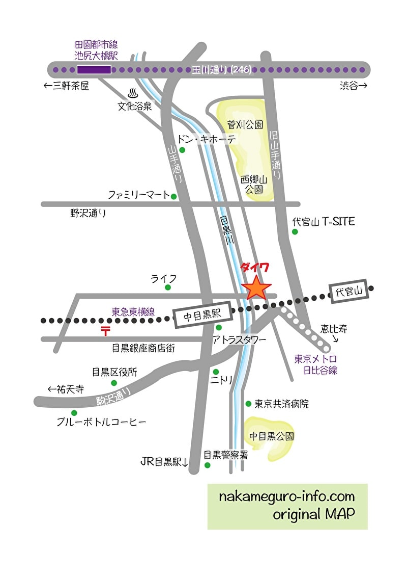 中目黒　ダイワ　フルーツサンド　並び方　地図　行きかた